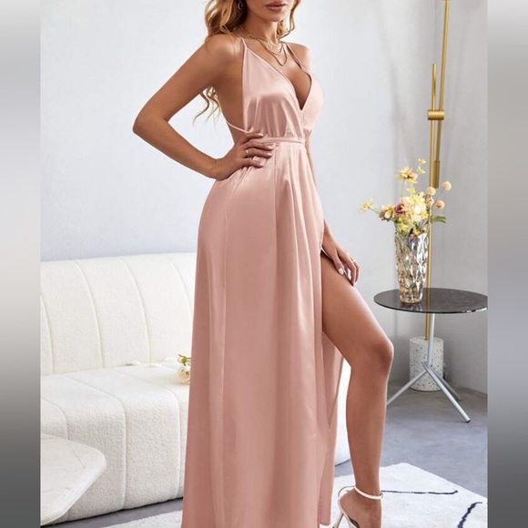 Criss Cross Tie Backless Wrap Hem Satin Cami Dress - Picture 3 of 4